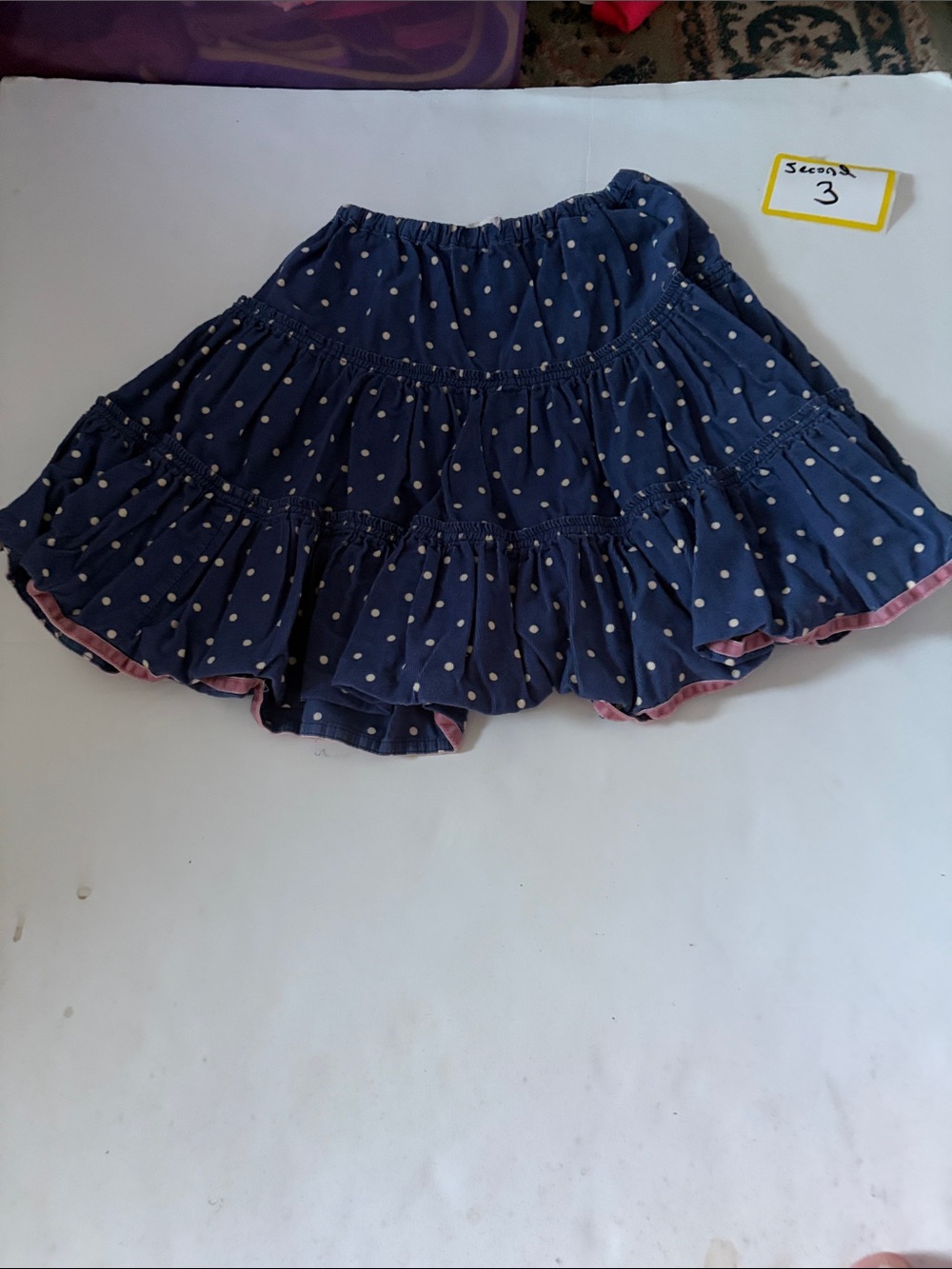 Boden Navy Polka Dot Tiered Skirt with Pink Trim